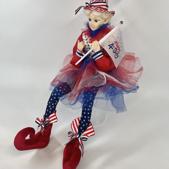 Cynthia Rowley 28" Flag Patriotic Elf Doll Americana July 4th Figure Set Of 2 - Picture 5 of 16